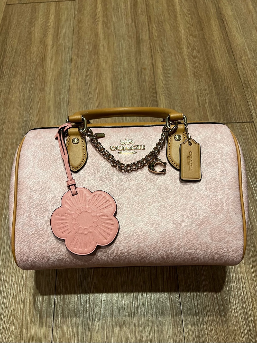 COACH Rowan Pink Sakura w/ Coach Monogram, brown trim and gold hardware